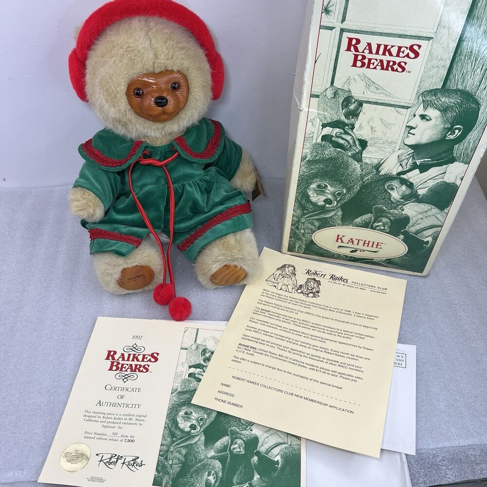 Vtg 92 Raikes Bear Kathie Wood Face Jointed Bear W/Tag & Box Xmas Outfit EUC